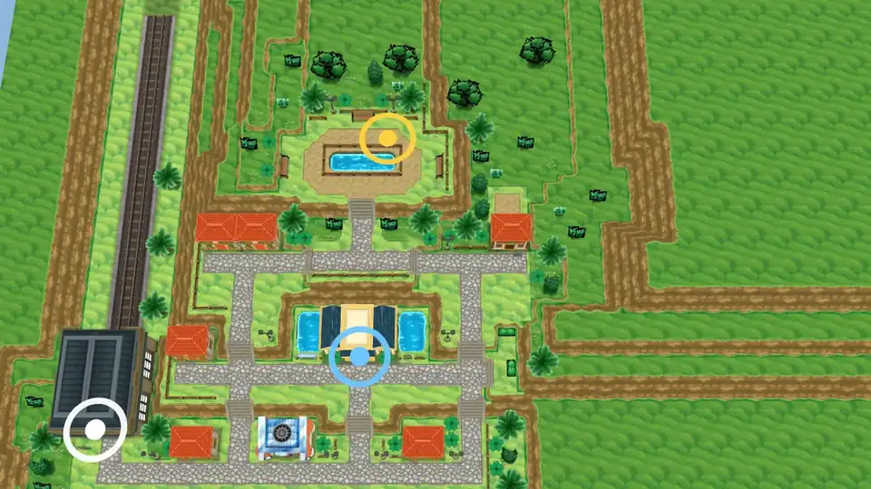 Kiloude City from above in Pokémon X and Y, with markers at the Battle Maison entrance, Kiloude Station and the fenced pond where the rival waits