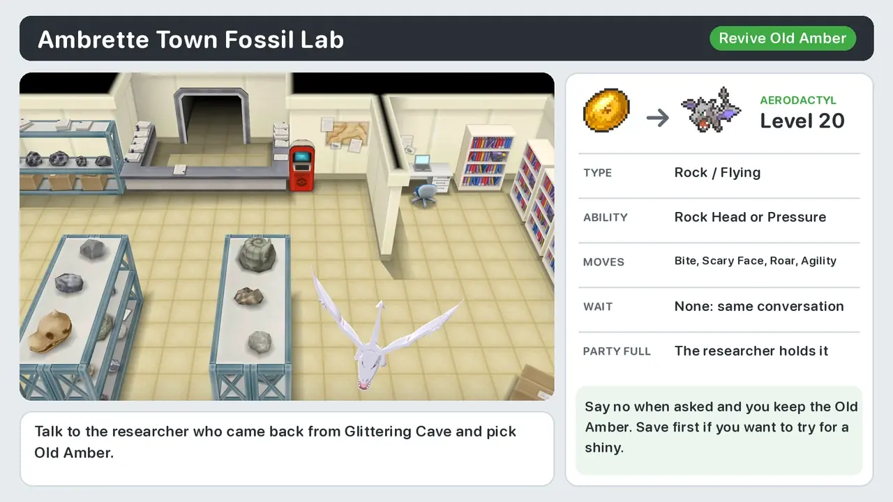 Ambrette Town Fossil Lab in Pokémon X and Y, where Old Amber becomes a level 20 Aerodactyl