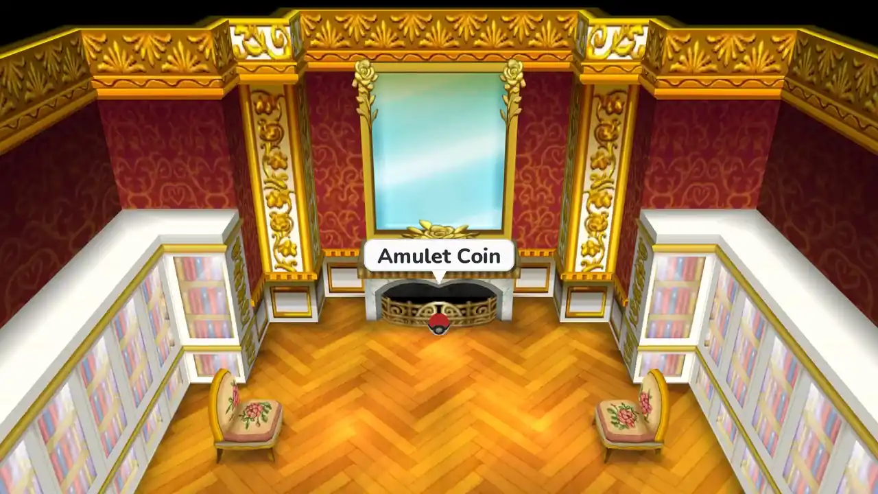 Amulet Coin item ball in front of the fireplace in the Parfum Palace library on the second floor in Pokémon X and Y