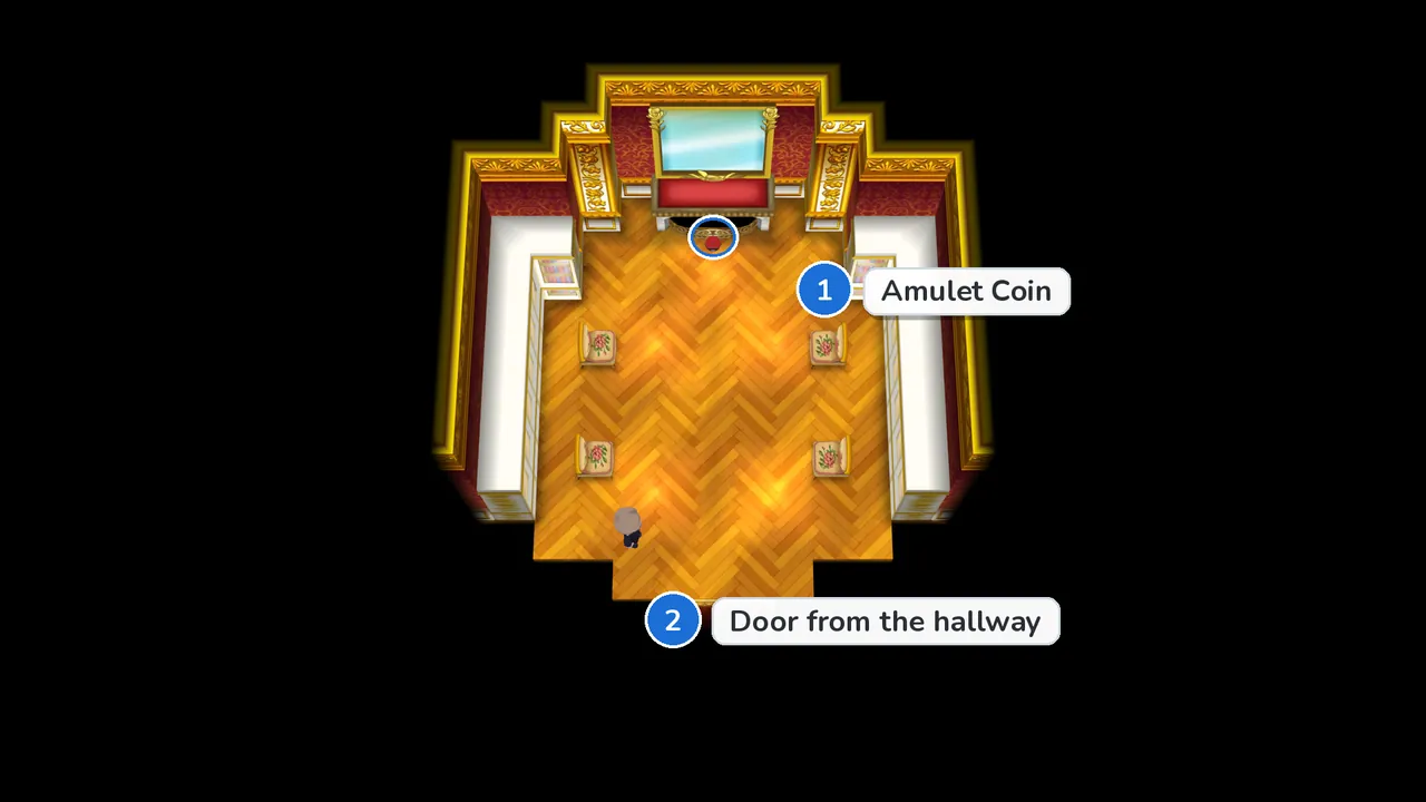 Parfum Palace library in Pokémon X and Y from above, with the Amulet Coin item ball in front of the fireplace marked 1 and the door from the hallway marked 2