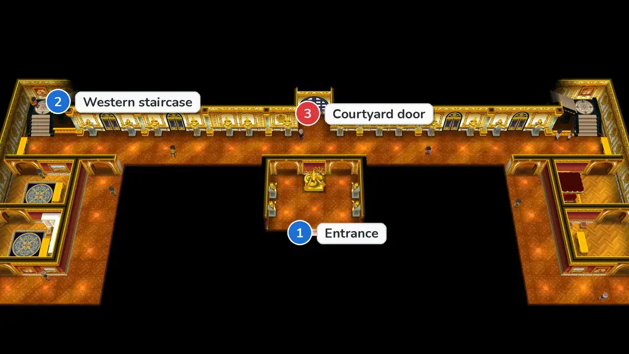 Parfum Palace ground floor in Pokémon X from above, with the entrance marked 1, the western staircase to the Amulet Coin marked 2 and the garden door marked 3