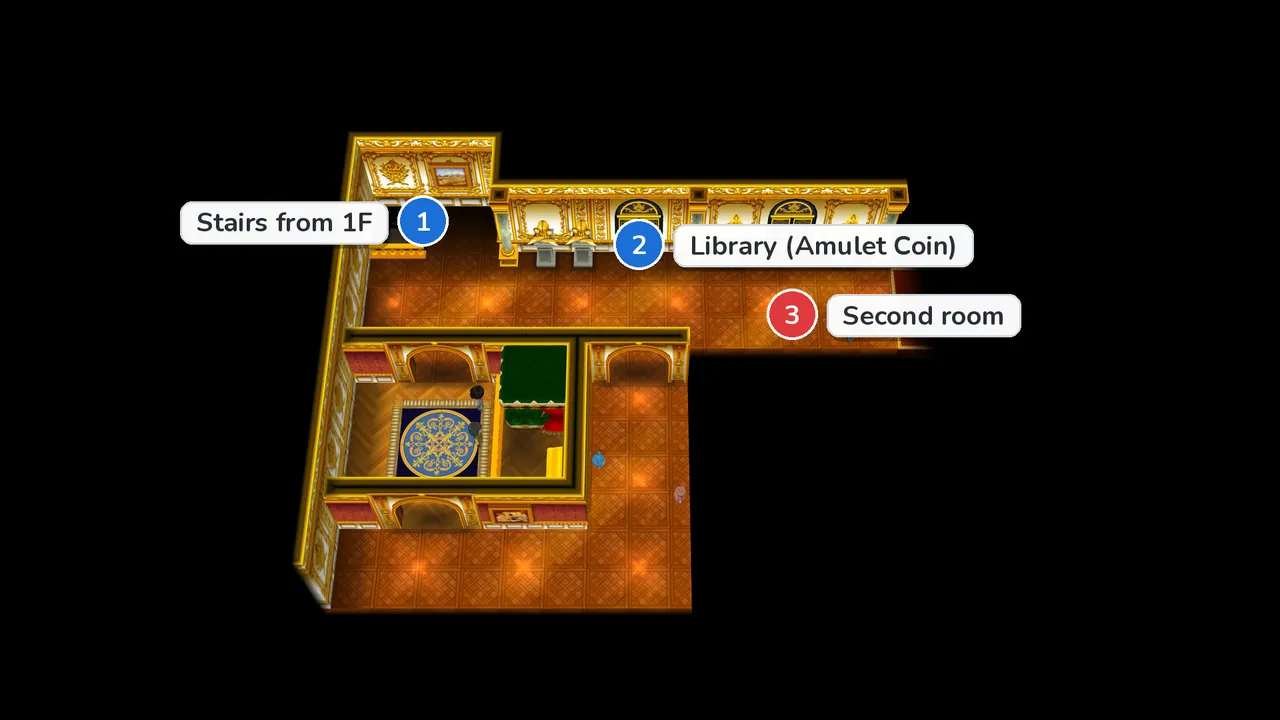Parfum Palace second floor west wing in Pokémon X and Y, with the stairs from the ground floor marked 1, the library door marked 2 and the next room marked 3