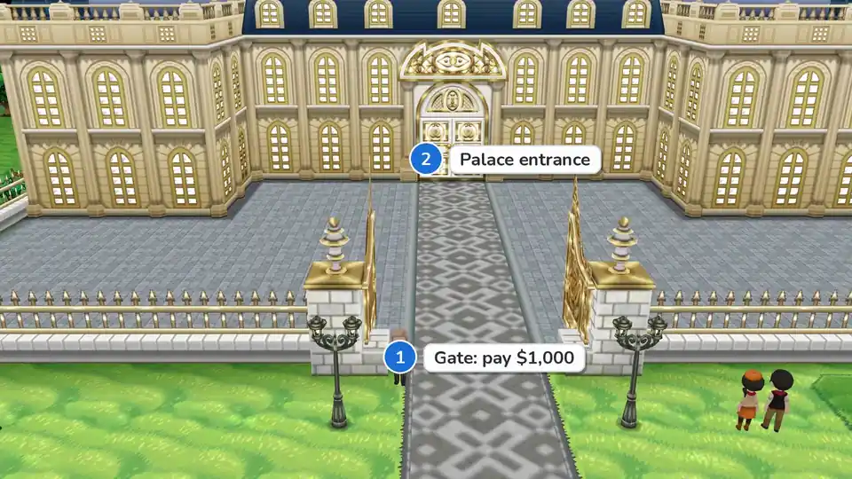 Parfum Palace gate in Pokémon X and Y with the butler who charges the $1,000 entrance fee marked 1 and the palace doors marked 2