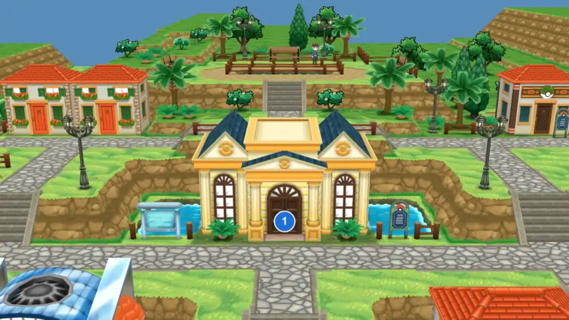 The Battle Maison in the middle of Kiloude City in Pokémon X, with its front door marked 1