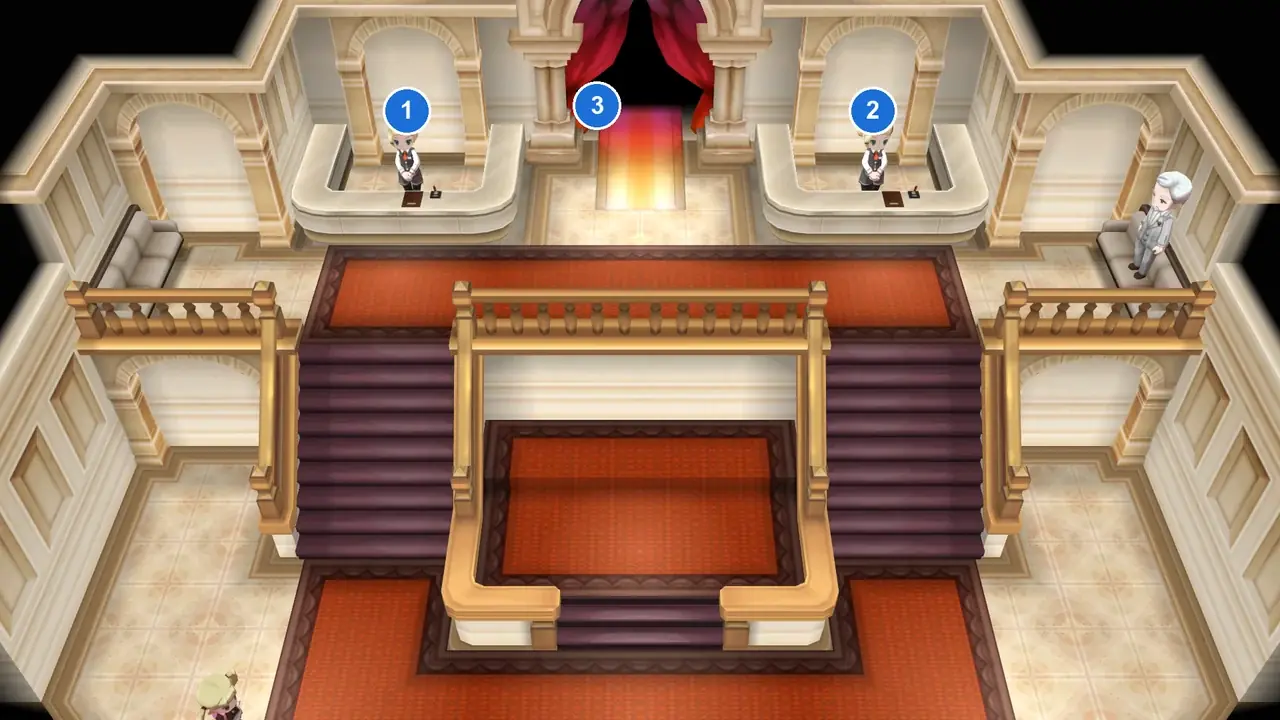 The Battle Maison lobby in Pokémon X from above, with the item counter marked 1, the TM counter marked 2 and the door to the battle hall marked 3
