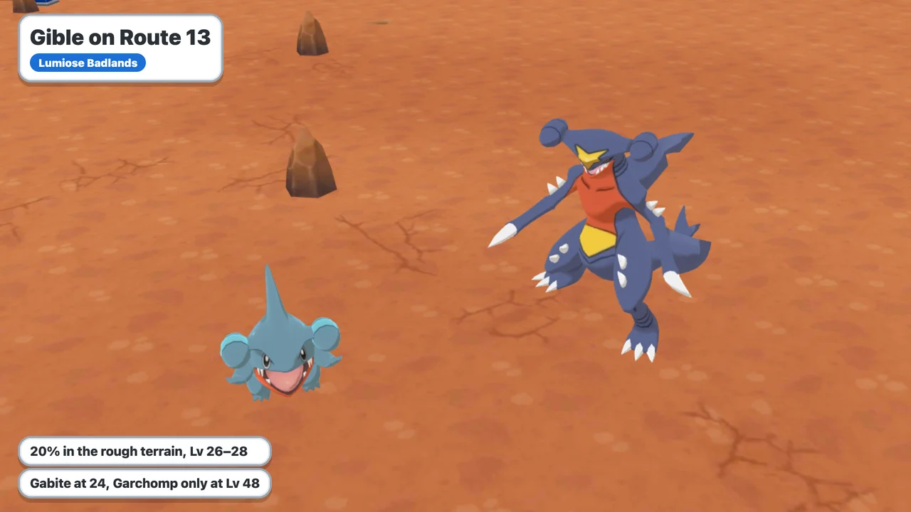Gible and Garchomp on Route 13, the Lumiose Badlands, in Pokémon X and Y