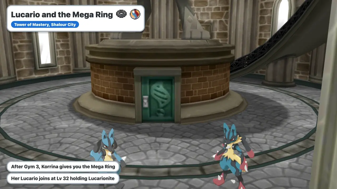 Lucario and Mega Lucario at the top of the Tower of Mastery in Shalour City, where Korrina gives the Mega Ring in Pokémon X and Y