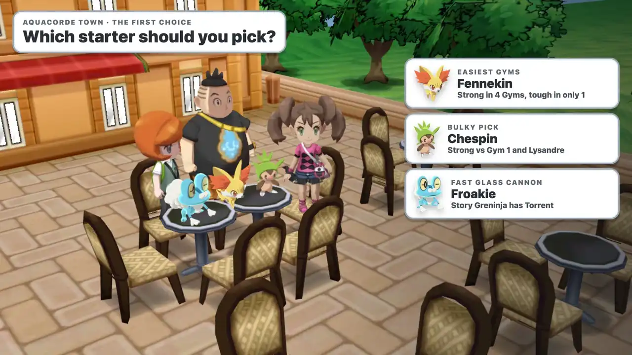 Pokémon X and Y best starter choice: Froakie, Fennekin and Chespin on the café table in Aquacorde Town with Trevor, Tierno and Shauna