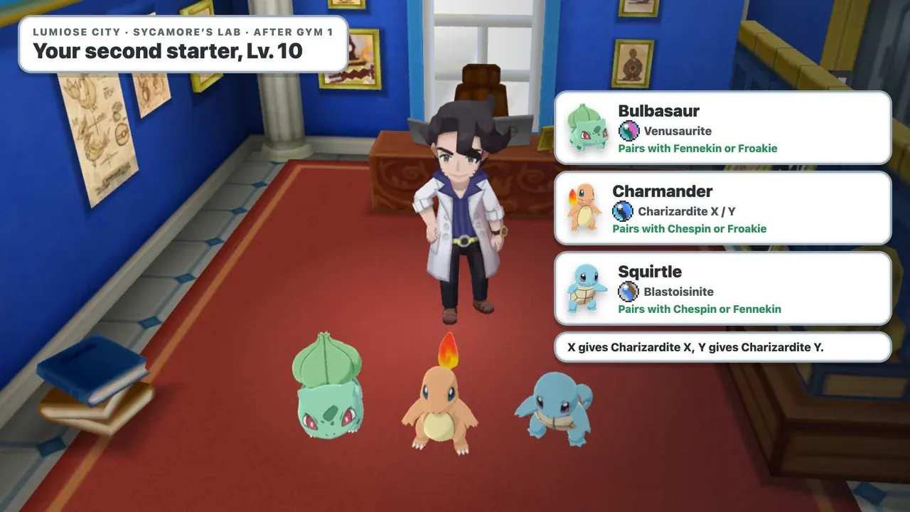 Professor Sycamore with Bulbasaur, Charmander and Squirtle in his Lumiose City lab in Pokémon X and Y