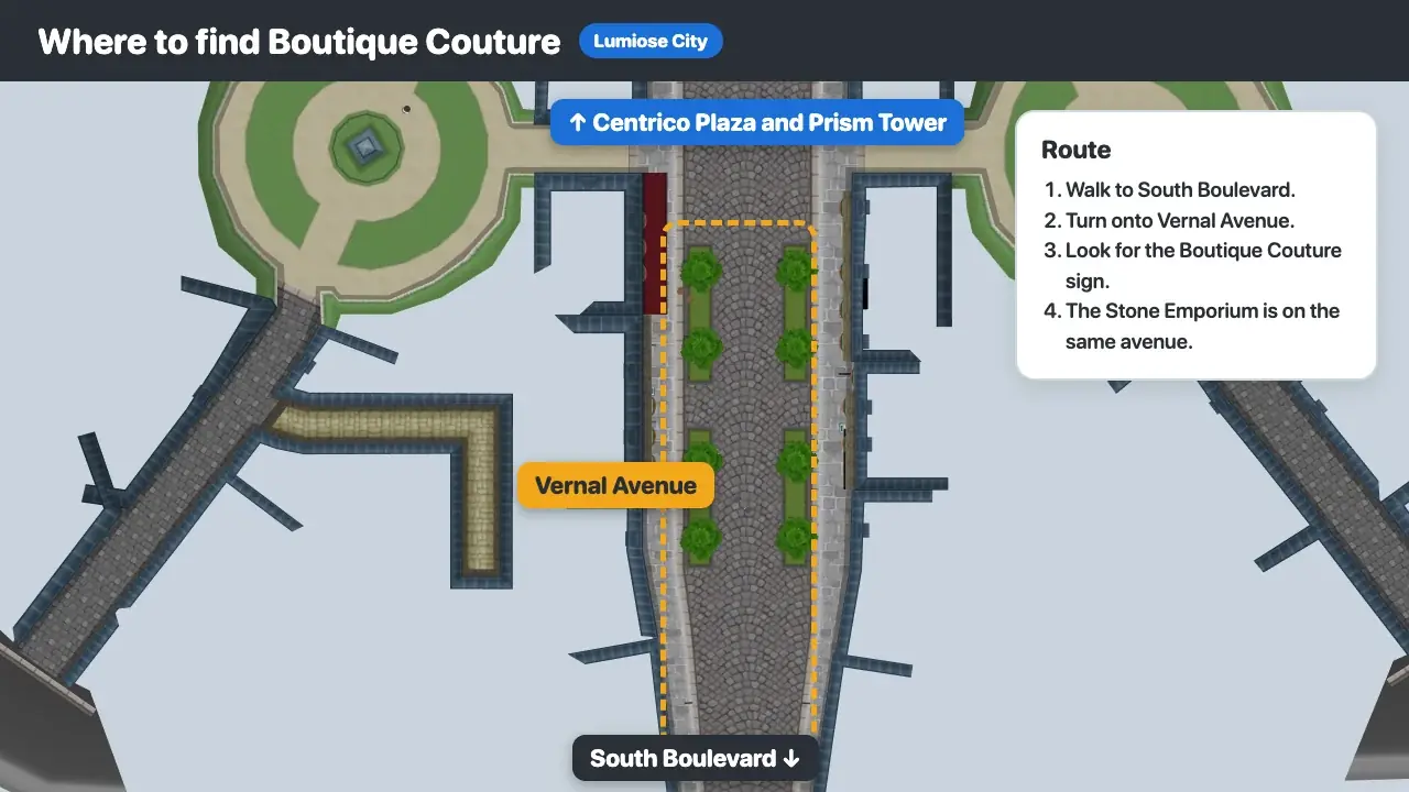 Top-down view of Vernal Avenue in Lumiose City, Pokémon X and Y, running from South Boulevard north toward Centrico Plaza