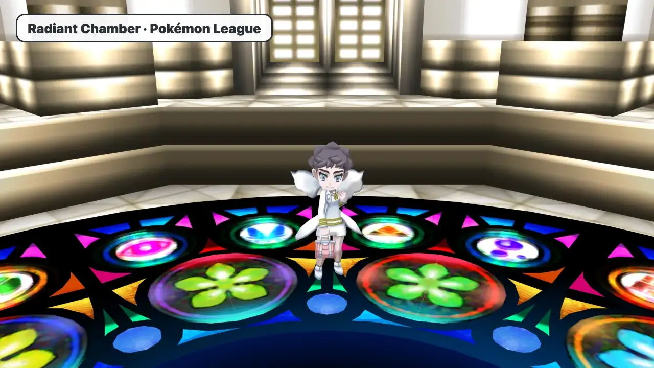 Champion Diantha waiting in the Radiant Chamber of the Pokémon League in Pokémon X and Y