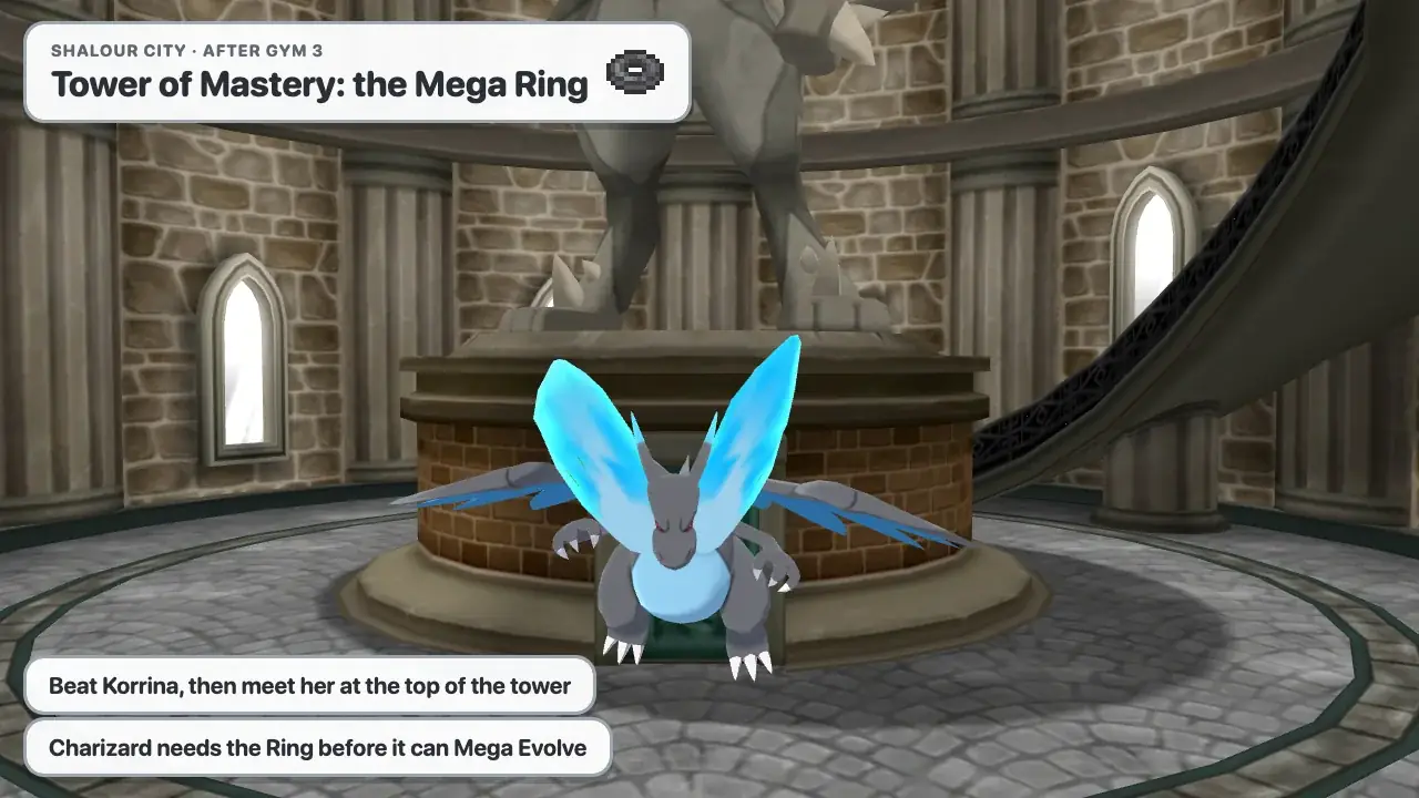 Mega Charizard X inside the Tower of Mastery in Shalour City, Pokémon X, where Korrina gives you the Mega Ring after the third Gym