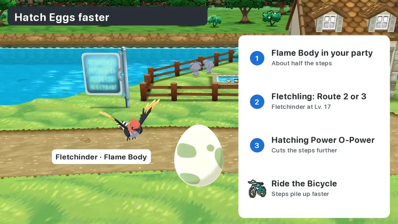 Fletchinder with Flame Body on the Route 7 road beside a Pokémon Egg, with four ways to hatch Eggs faster in Pokémon X