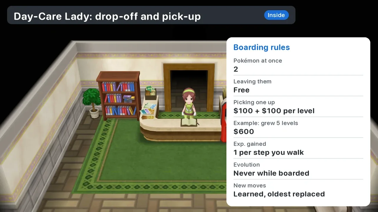 The Day-Care Lady behind her counter inside the Route 7 Day Care in Pokémon X, with the boarding rules: two Pokémon, free drop-off, $100 plus $100 per level at pick-up