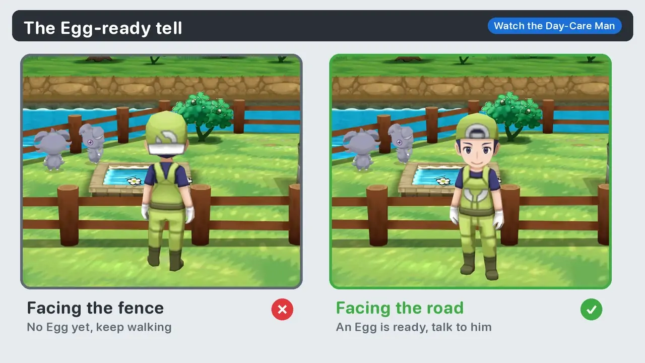 The Day-Care Man on Route 7 in Pokémon X facing the fence when there is no Egg, and turned toward the road when an Egg is ready