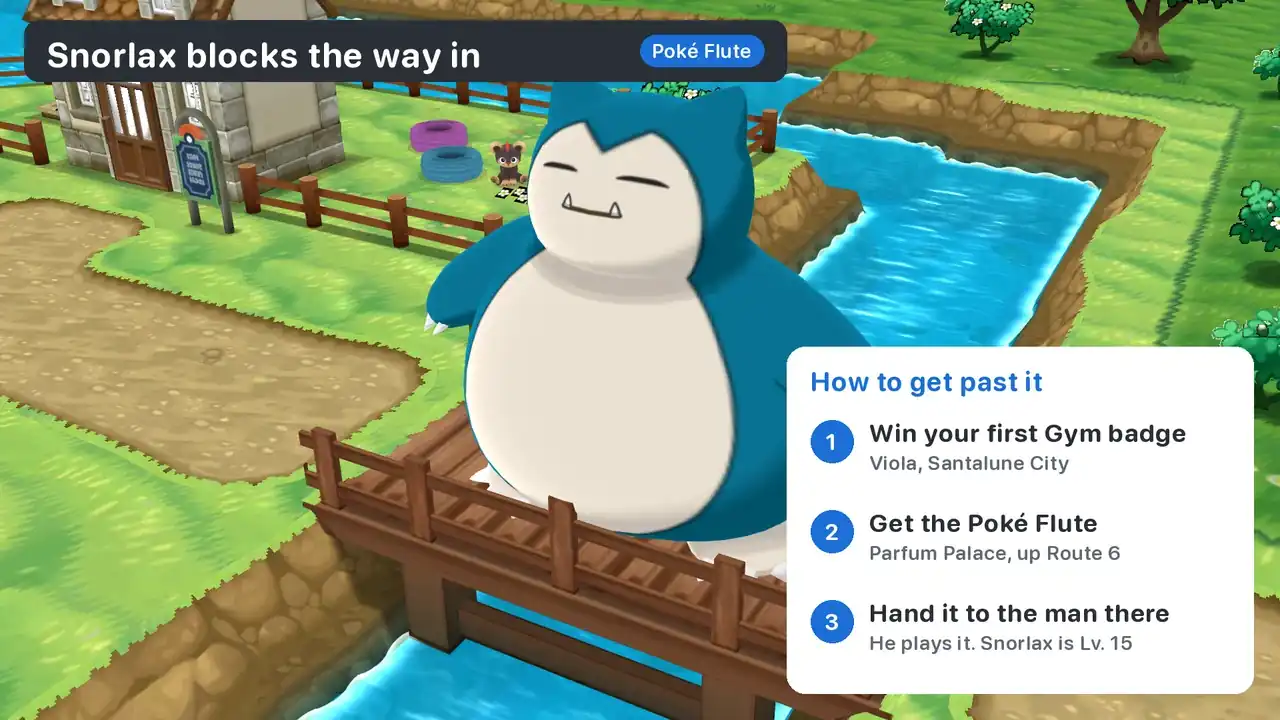 Snorlax asleep on the Route 7 bridge in Pokémon X with the Day Care house behind it, and the three steps to wake it with the Poké Flute