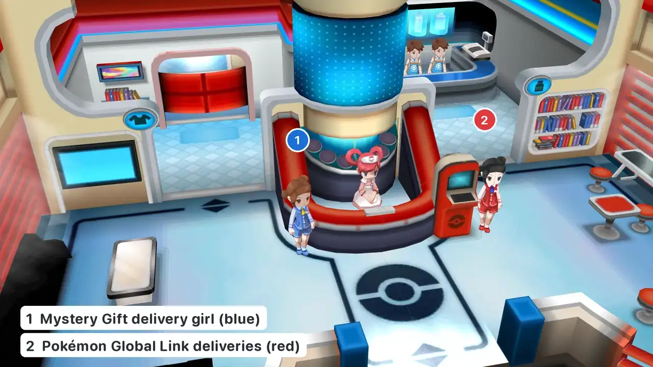 Pokémon Y Mystery Gift delivery girl in the Pokémon Center, blue uniform, left of the counter