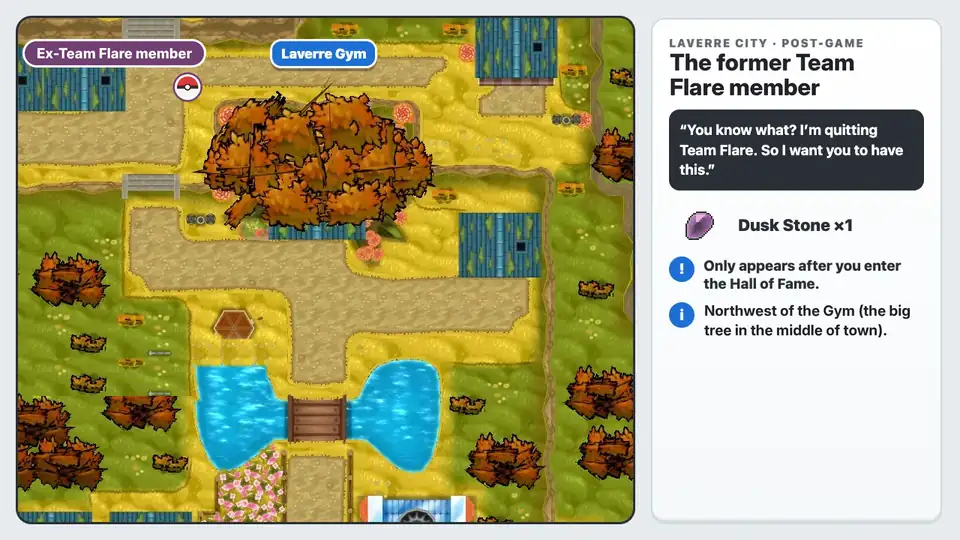 Laverre City in Pokémon X and Y from above, with the post-game former Team Flare member who gives a Dusk Stone northwest of the Gym
