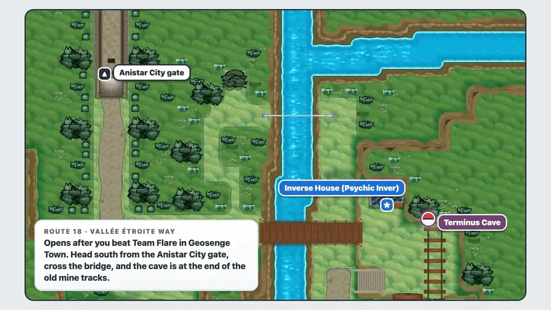 Route 18 in Pokémon X and Y from above, with the Anistar City gate, Psychic Inver’s Inverse House and the Terminus Cave entrance