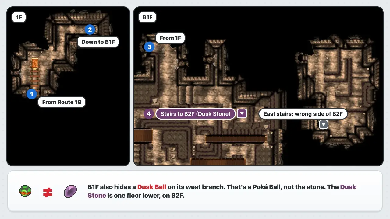 Terminus Cave 1F and B1F maps in Pokémon X and Y, showing the middle B1F stairs that lead to the Dusk Stone on B2F, the east stairs, and the hidden Dusk Ball on B1F
