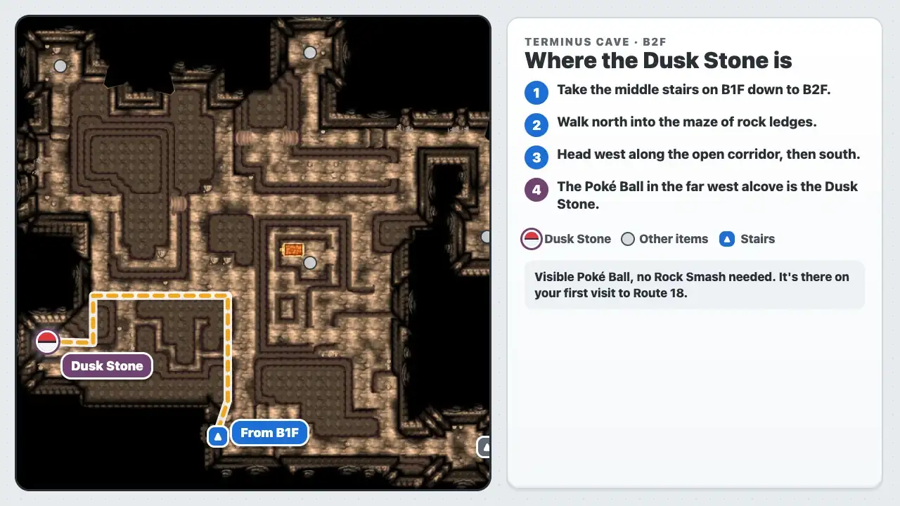 Pokémon X Dusk Stone location on Terminus Cave B2F: path from the B1F stairs north through the maze and west to the Poké Ball