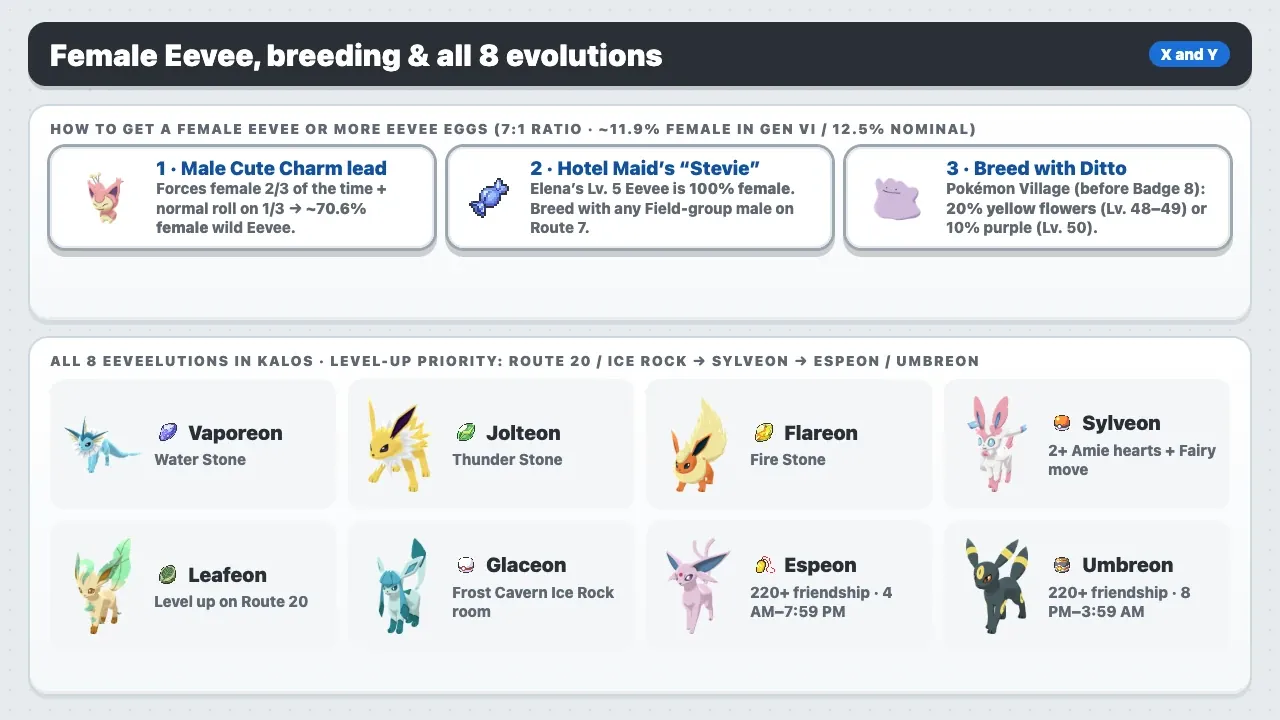 How to get a female Eevee, breed with Ditto, and evolve Eevee into all 8 Eeveelutions in Pokémon X and Y