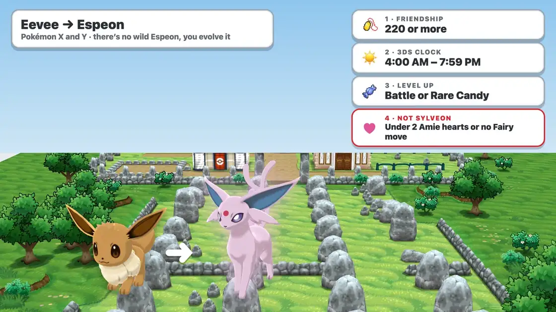 How to get Espeon in Pokémon X: evolve Eevee with 220 friendship and a level-up between 4 AM and 7:59 PM