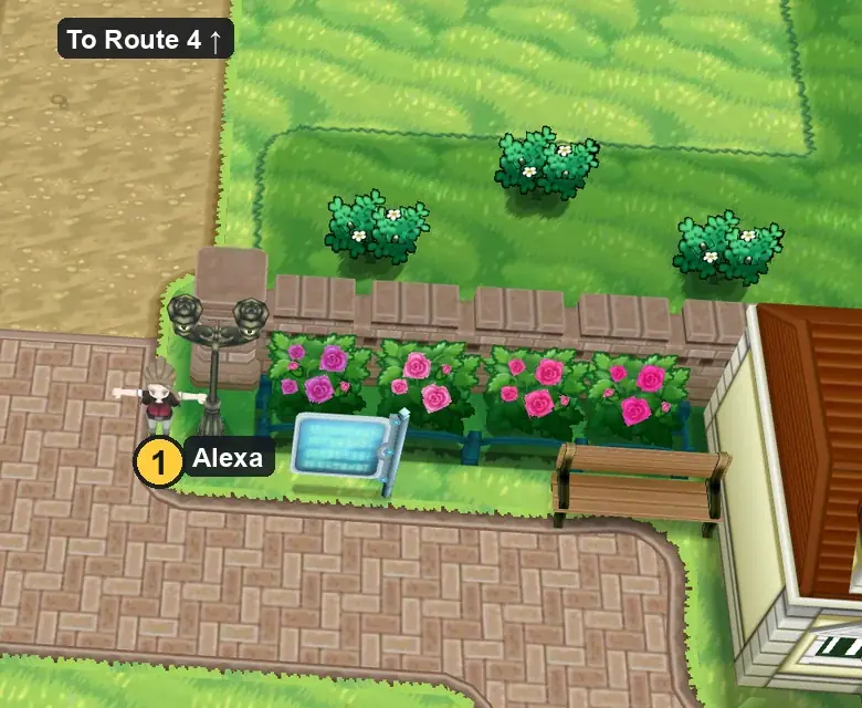 Alexa standing on the north road of Santalune City in Pokémon X and Y, where the road to Route 4 begins