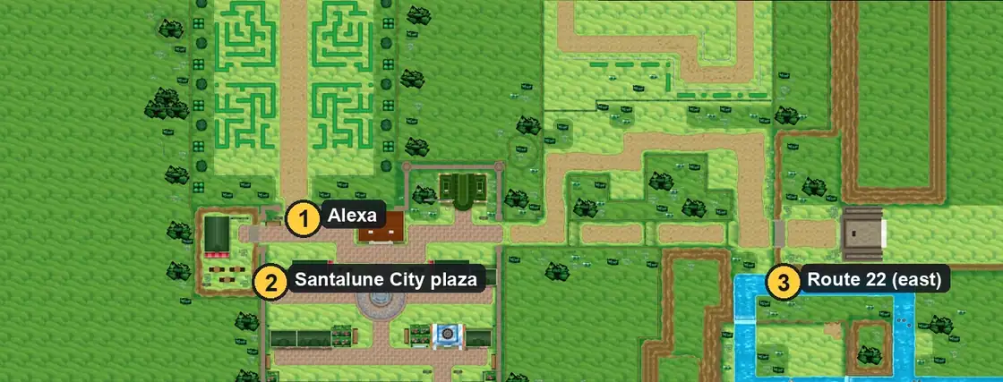Top-down view of central Santalune City in Pokémon X and Y, with numbered markers for Alexa on the north road, the central plaza and Route 22 to the east