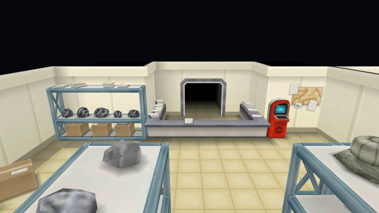The Ambrette Fossil Lab interior in Pokémon X: rock specimens on the shelves and display tables, the counter and the PC