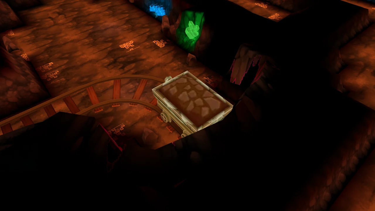 A mine cart with a track and green crystals in the deep part of Glittering Cave in Pokémon X and Y