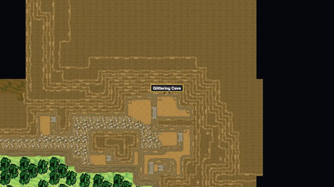 Route 9 in Pokémon X and Y seen from above, with a marker on the cliff where the entrance to Glittering Cave is