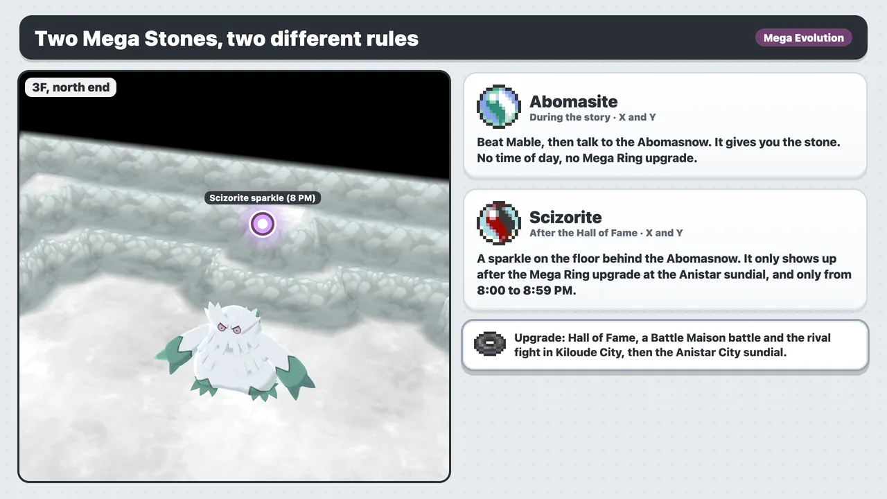 Abomasite vs Scizorite in Frost Cavern, Pokémon X and Y: Abomasite is a story gift from the Abomasnow; Scizorite is a post-game sparkle behind it from 8:00 to 8:59 PM after the Mega Ring upgrade