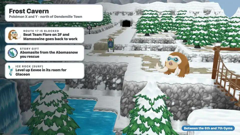 Frost Cavern in Pokémon X and Y: the snowy path north of Dendemille Town with Mamoswine by the bridge, the Abomasite gift and the Ice Rock for Glaceon