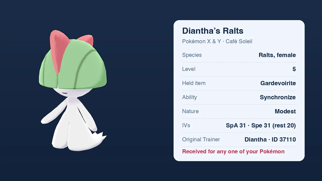 Diantha’s Ralts trade card: female, Lv. 5, Modest, Synchronize, IVs 31 Sp. Atk and 31 Speed