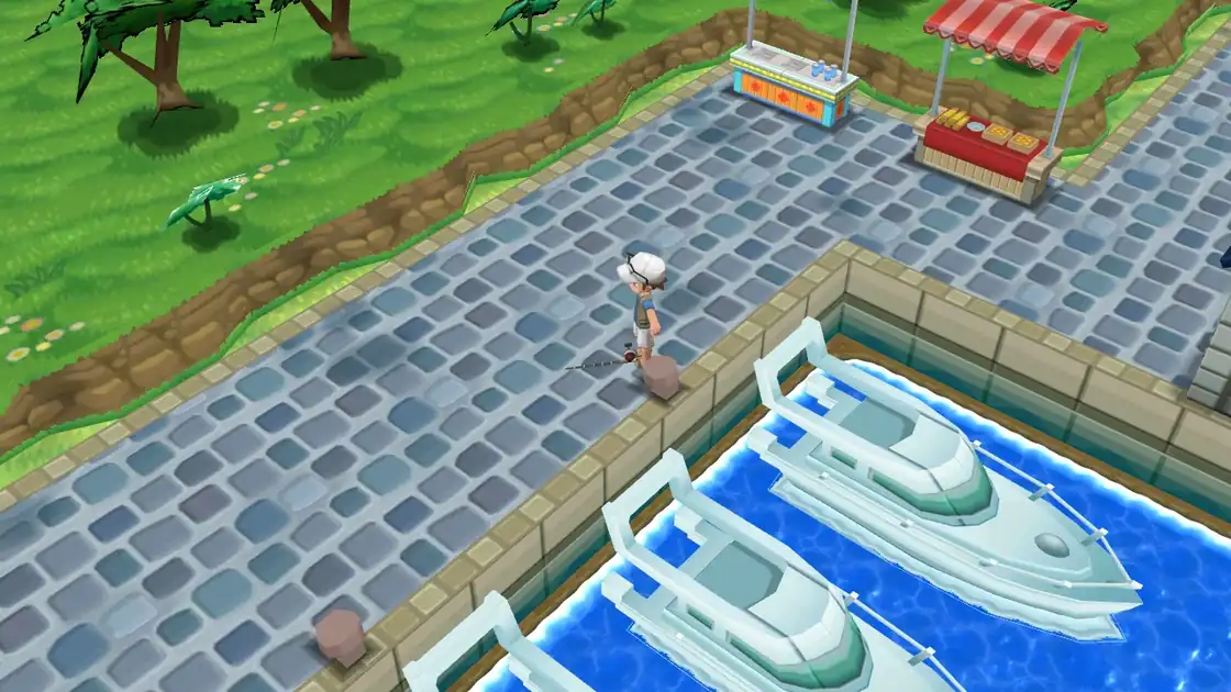 The Coumarine City fisherman standing on the marina dock with a fishing rod, next to the boats and the stall