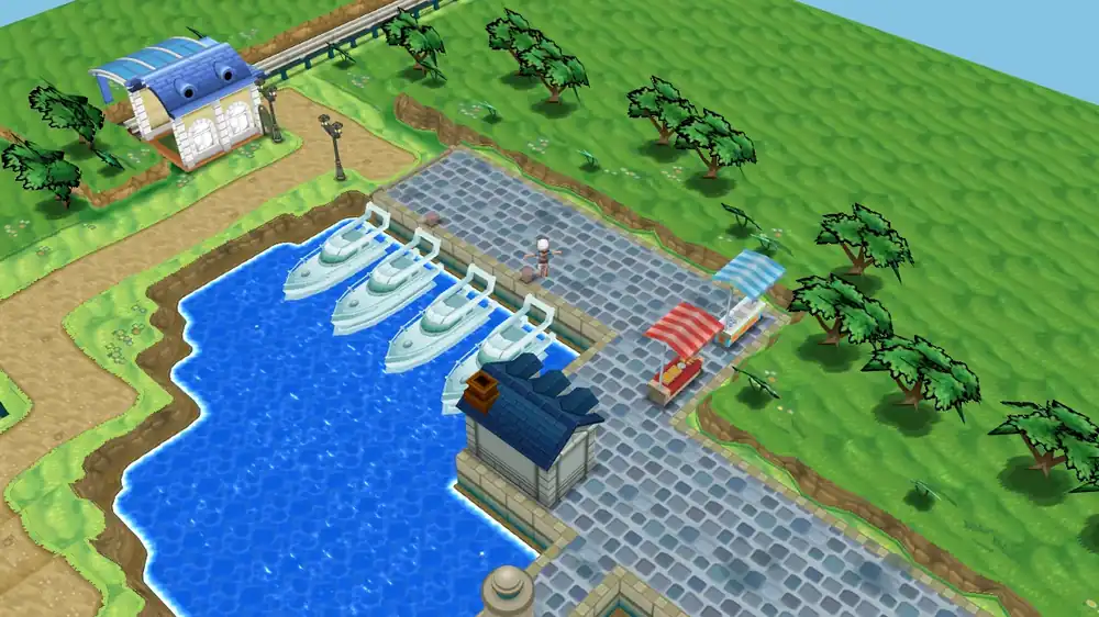 Coumarine City marina in Pokémon X and Y, with the fisherman on the dock between the boats and the food stalls, and the monorail station at the top left