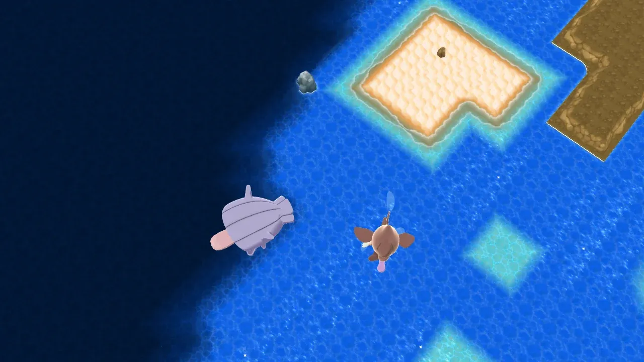 Skrelp and Shellder swimming in the sea off the Route 8 coast in Pokémon X and Y, with a sandy island and the shore to the right