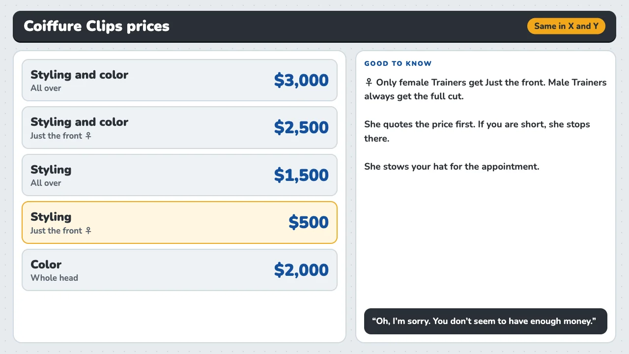 Coiffure Clips haircut and hair color prices in Pokémon X and Y: $3,000, $2,500, $1,500, $500 and $2,000