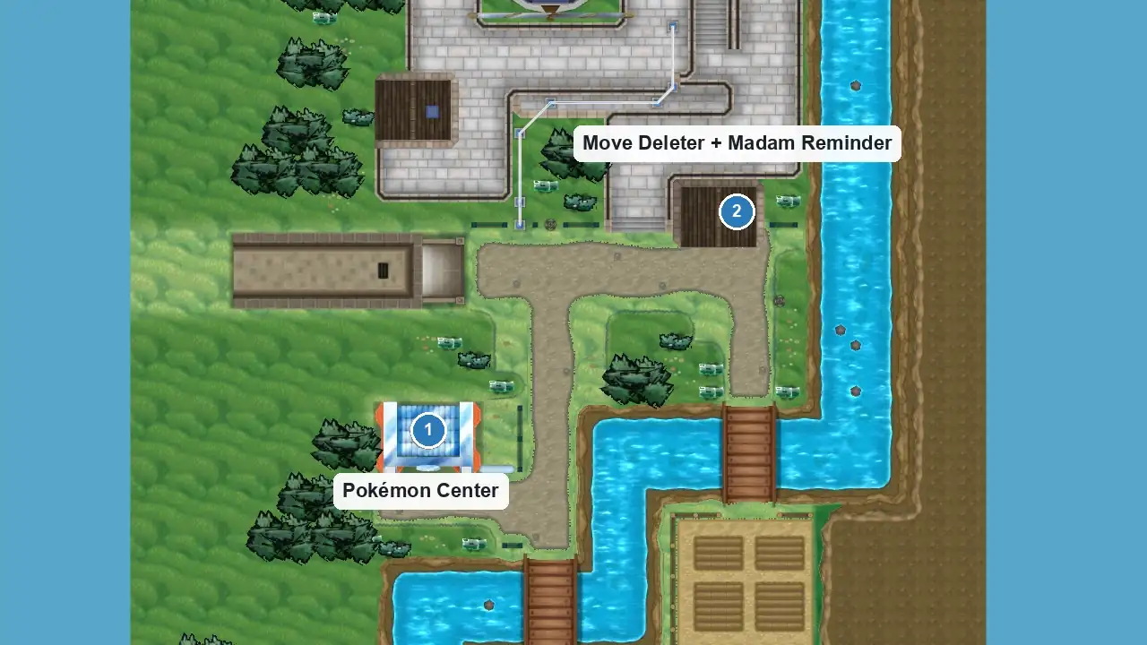 Top-down view of Dendemille Town in Pokémon X and Y with the Pokémon Center marked as 1 and the house northeast of it, where the Move Deleter and Madam Reminder are, marked as 2