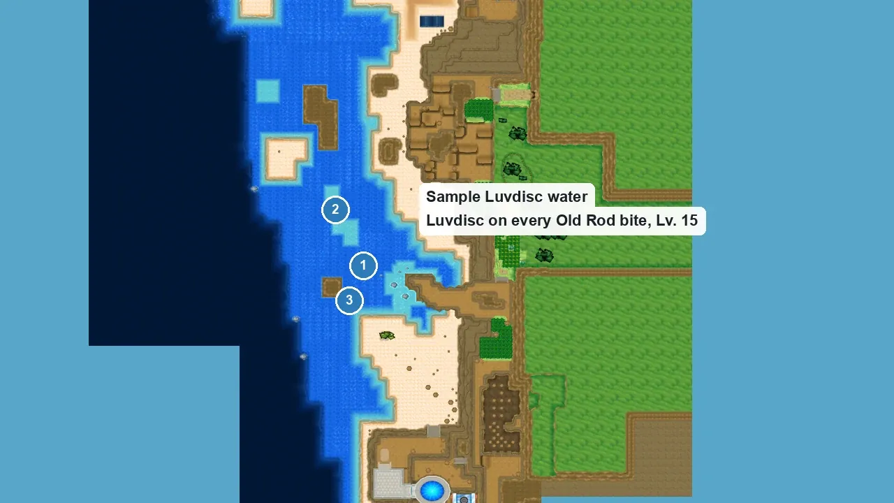 Route 8 coastline in Pokémon X and Y seen from above, with three numbered sample spots in the sea