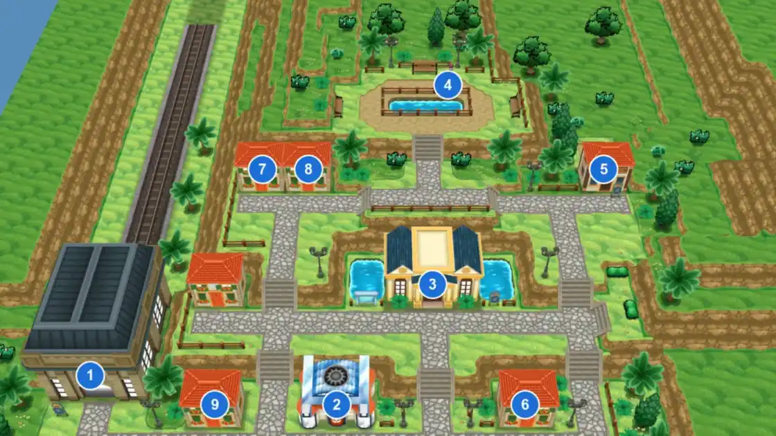 Kiloude City in Pokémon X from above, with Kiloude Station, the Pokémon Center, the Battle Maison, the rival’s spot, the Friend Safari and four houses marked 1 to 9