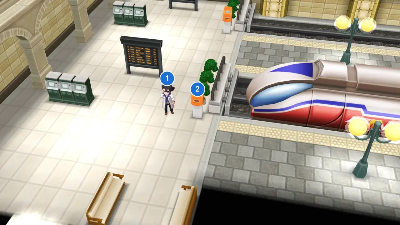 Lumiose Station in Pokémon X, with Professor Sycamore marked 1 next to the orange pass scanner marked 2 and the TMV at the platform