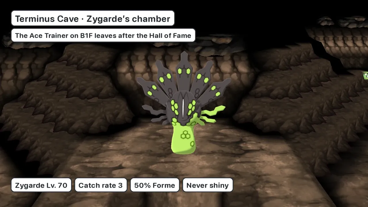 Zygarde Terminus Cave Pokémon X Hall of Fame: Zygarde Lv. 70 in its chamber