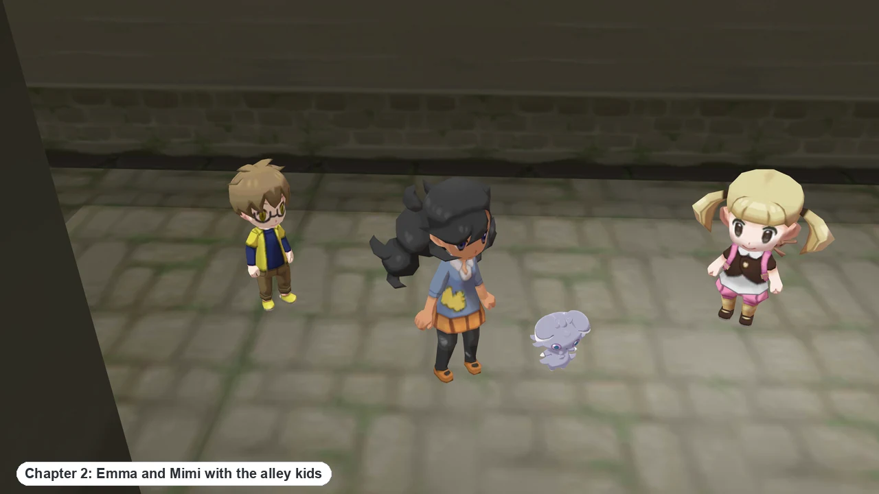Emma and the Espurr Mimi in a Lumiose City back alley with two of the alley kids in Pokémon X and Y