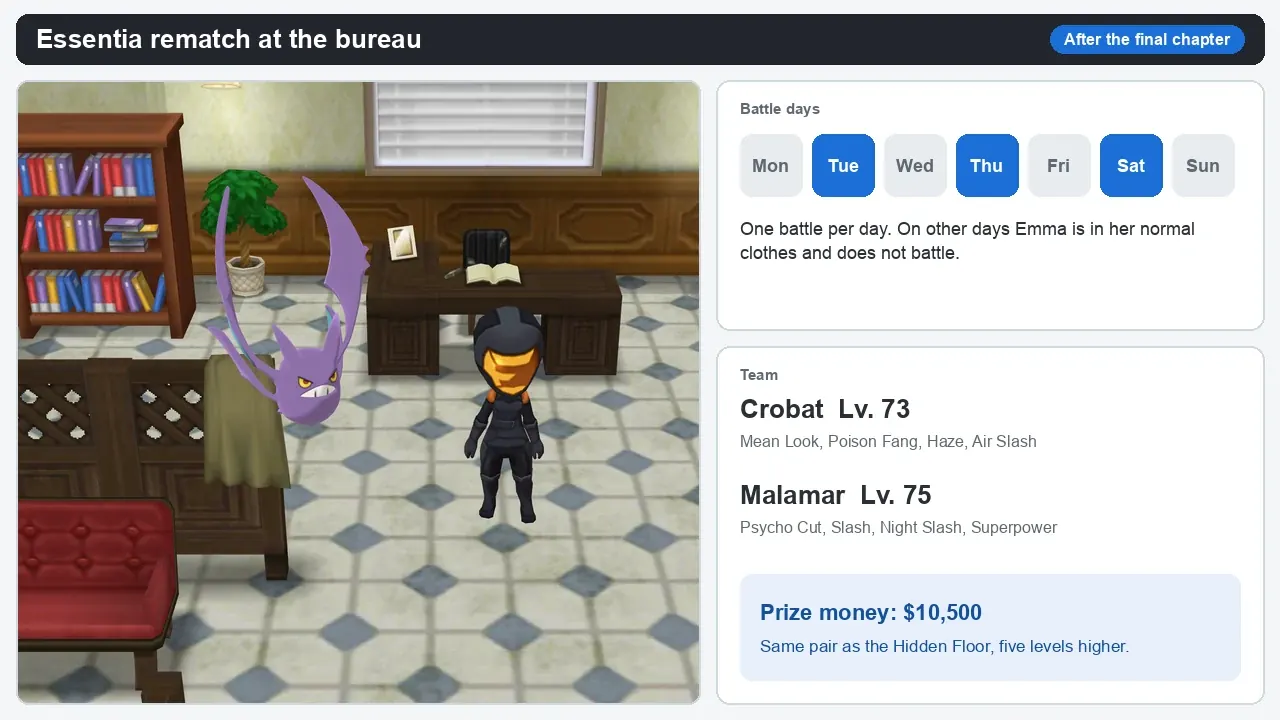 Essentia and Crobat inside the Looker Bureau with her rematch days Tuesday, Thursday and Saturday, and her Lv. 73 Crobat and Lv. 75 Malamar team
