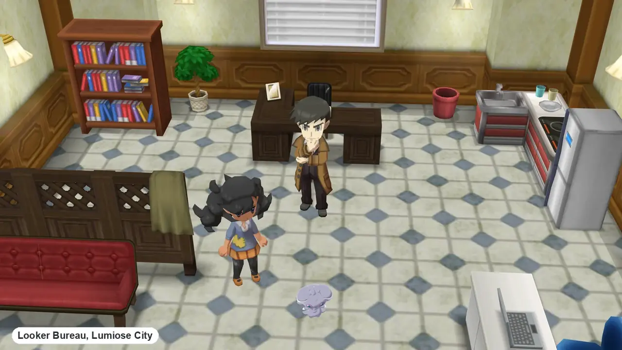 Inside the Looker Bureau in Pokémon X and Y: Looker standing behind his desk with Emma and the Espurr Mimi in the office