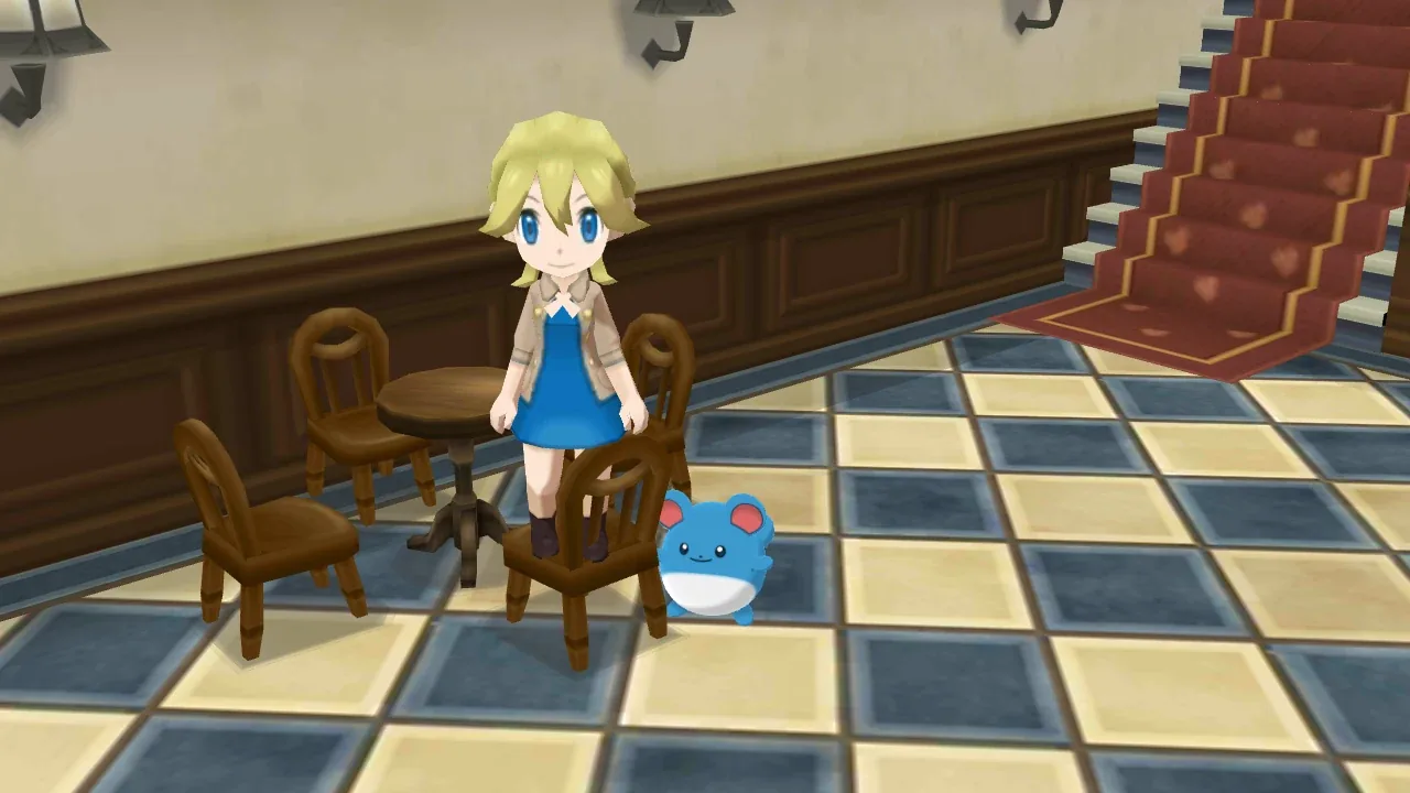 The woman who gives the Lucky Egg in Pokémon X, standing by the café tables in the Coumarine Hotel lobby with her Marill