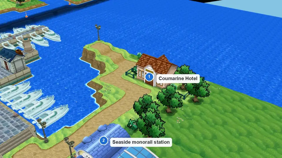 Coumarine City harbor in Pokémon X from above, with the Coumarine Hotel marked 1 and the Seaside monorail station marked 2