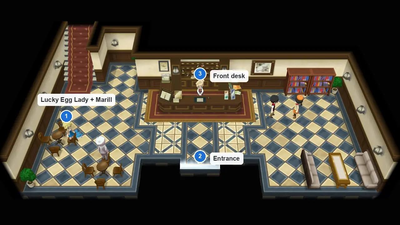 Coumarine Hotel lobby in Pokémon X from above, with the Lucky Egg woman and Marill marked 1, the entrance 2 and the front desk 3